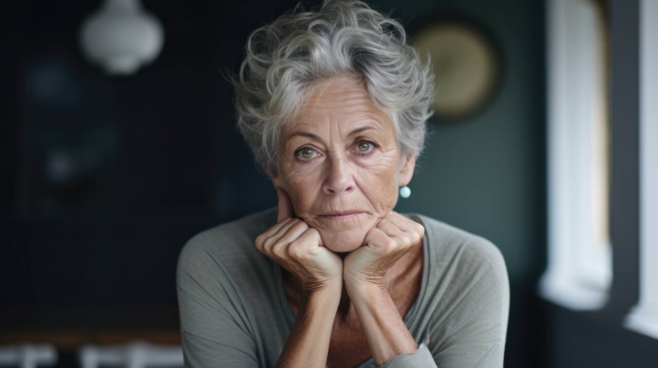 an elderly woman is thoughtfully gazing into the distance with her head resting czpt880u