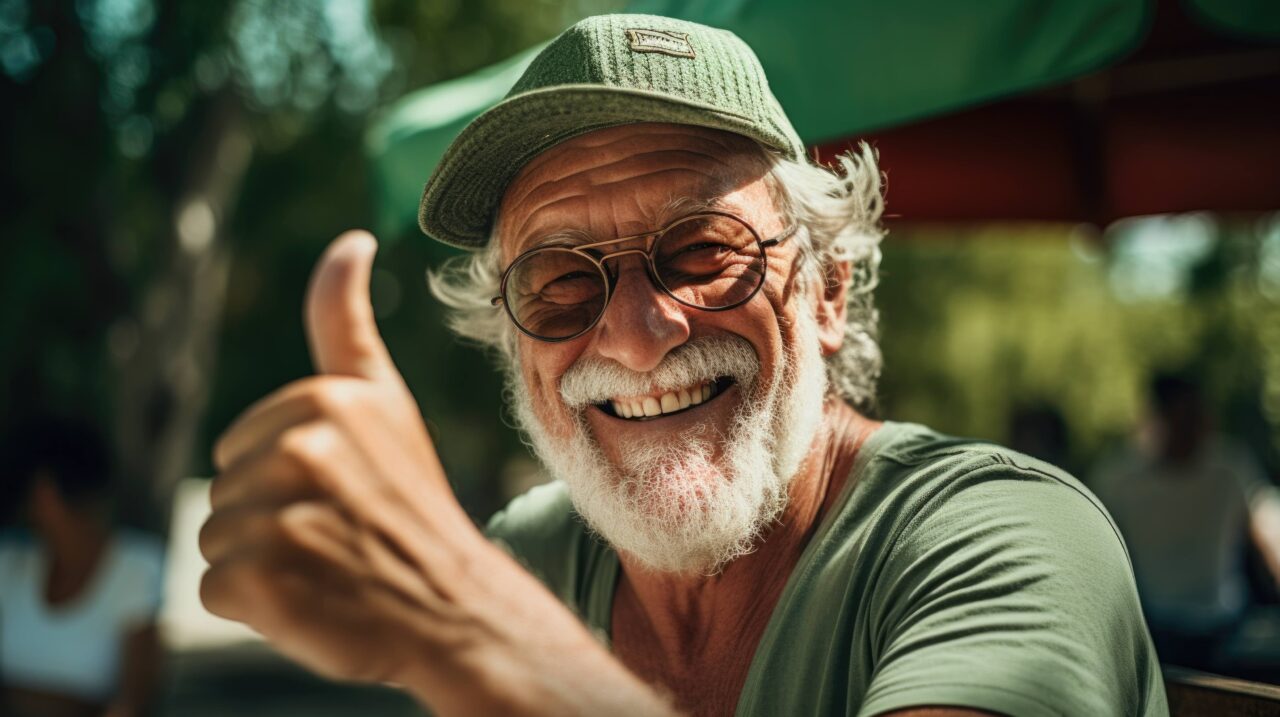 an elderly man with a beard is smiling and giving a thumbs up qsfihdre
